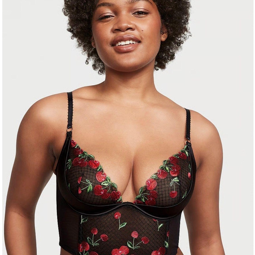 Victoria's Secret Cherry Corset Bra Black Mesh 32DD Bustier Lingerie New